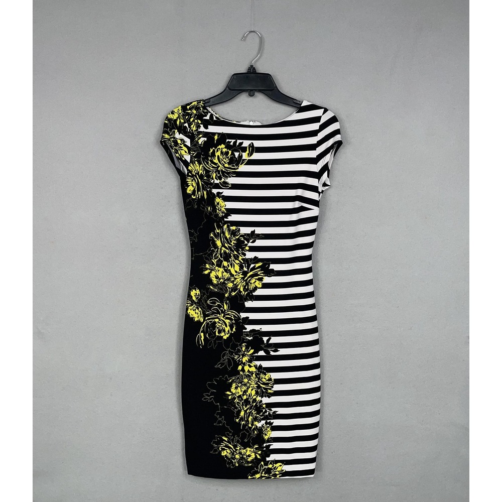 Cache Dress Womens XS Black White Stripe Yellow Floral Stretch Sheath Bodycon